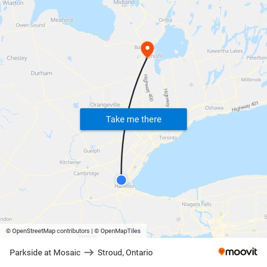 Parkside at Mosaic to Stroud, Ontario map