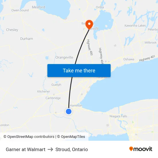Garner at Walmart to Stroud, Ontario map