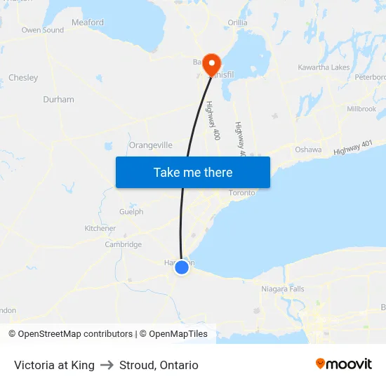 Victoria at King to Stroud, Ontario map