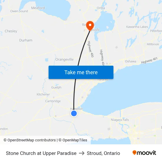 Stone Church at Upper Paradise to Stroud, Ontario map