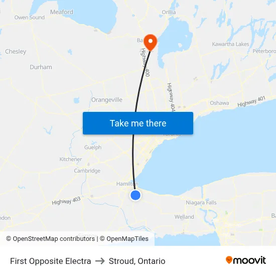First Opposite Electra to Stroud, Ontario map