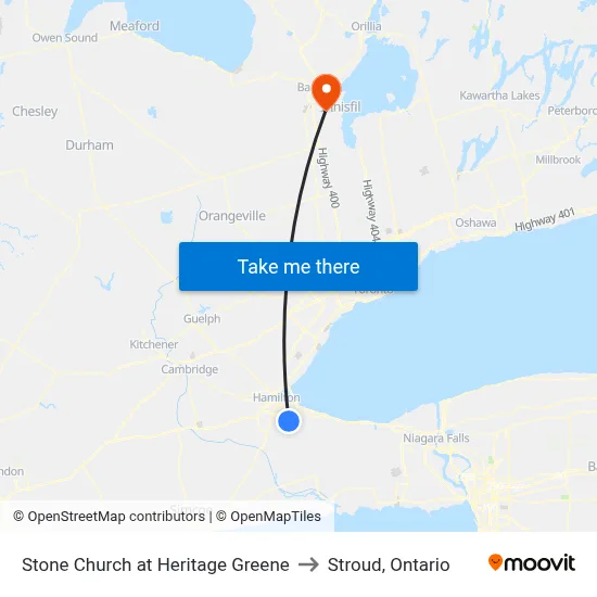 Stone Church at Heritage Greene to Stroud, Ontario map