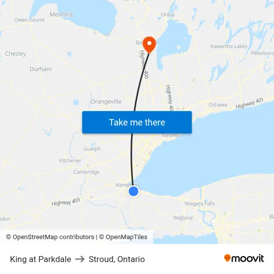 King at Parkdale to Stroud, Ontario map