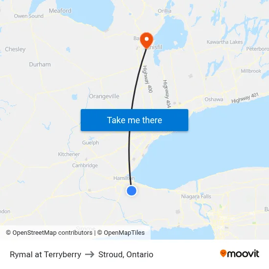 Rymal at Terryberry to Stroud, Ontario map