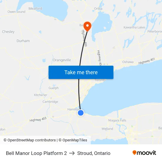 Bell Manor Loop Platform 2 to Stroud, Ontario map