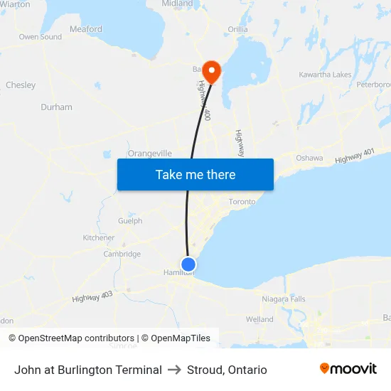John at Burlington Terminal to Stroud, Ontario map