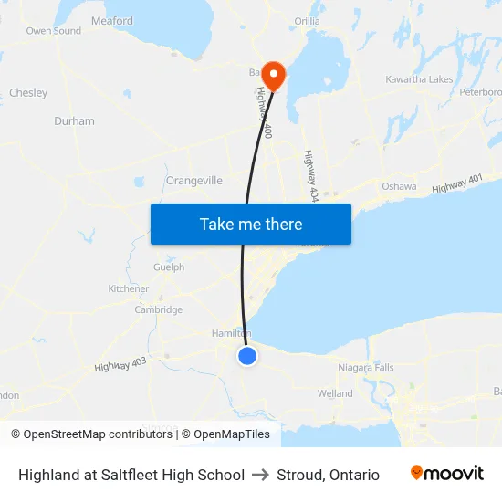 Highland at Saltfleet High School to Stroud, Ontario map