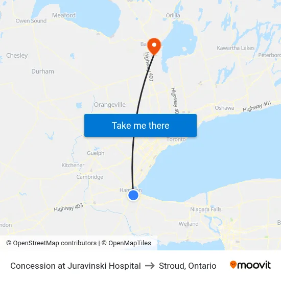 Concession at Juravinski Hospital to Stroud, Ontario map