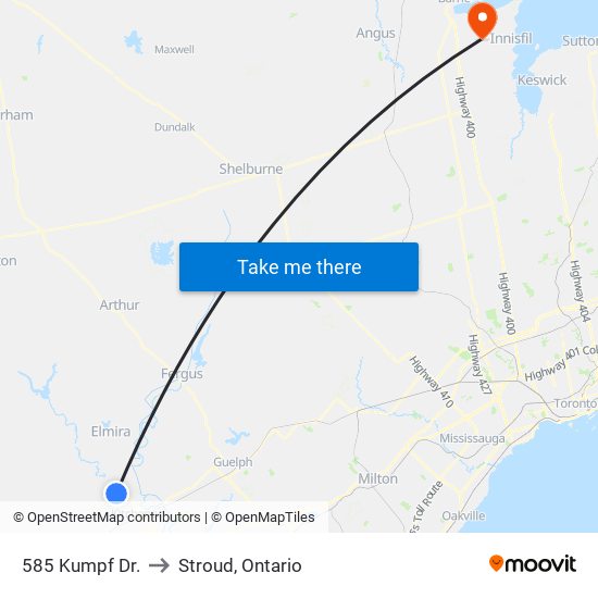 585 Kumpf Dr. to Stroud, Ontario map