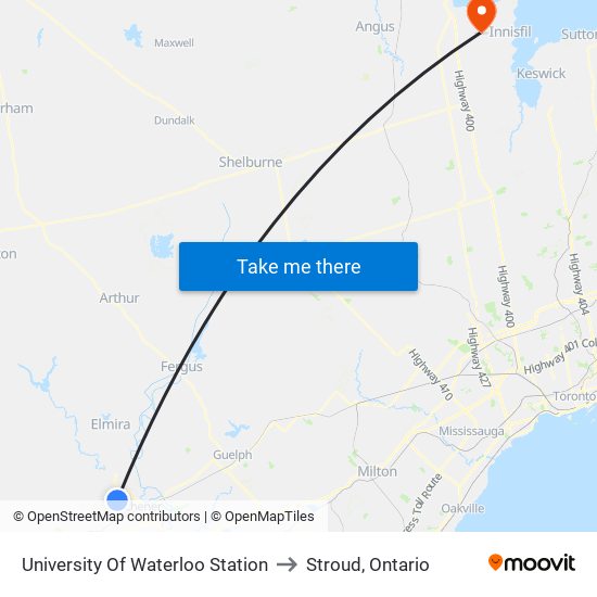 University Of Waterloo Station to Stroud, Ontario map