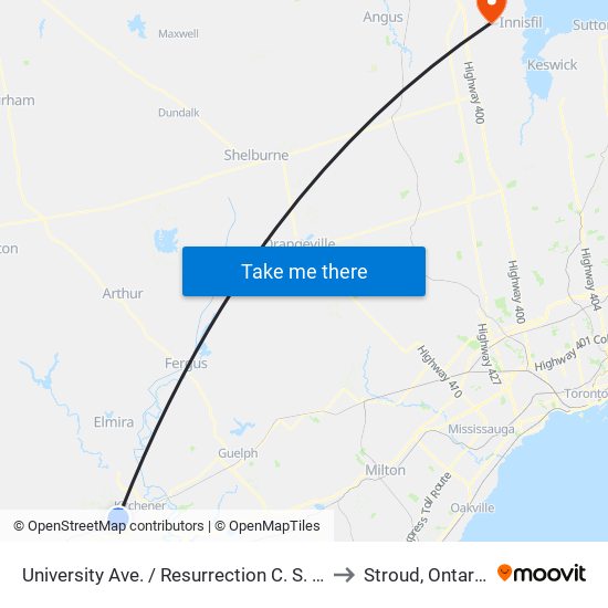University Ave. / Resurrection C. S. S. to Stroud, Ontario map