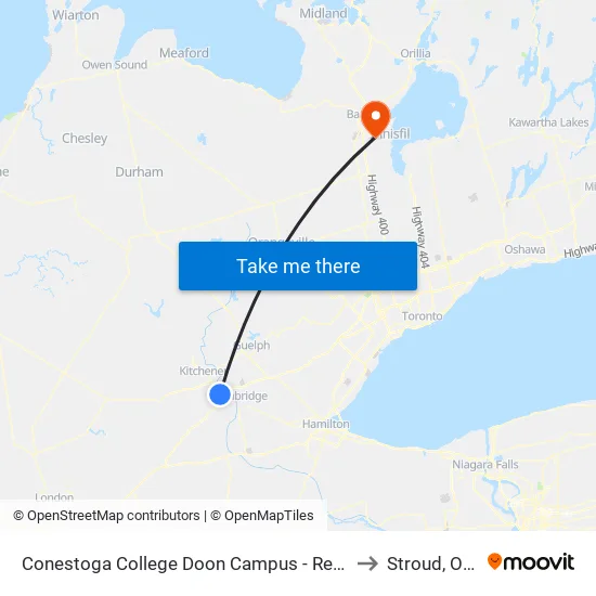 Conestoga College Doon Campus - Recreation Centre to Stroud, Ontario map