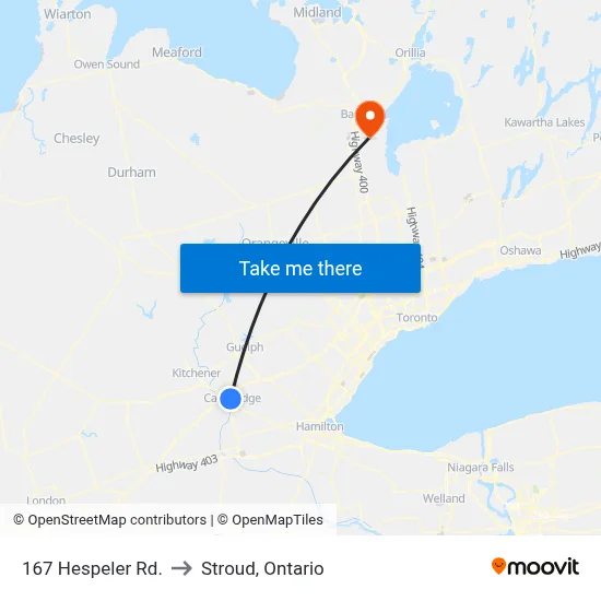 167 Hespeler Rd. to Stroud, Ontario map