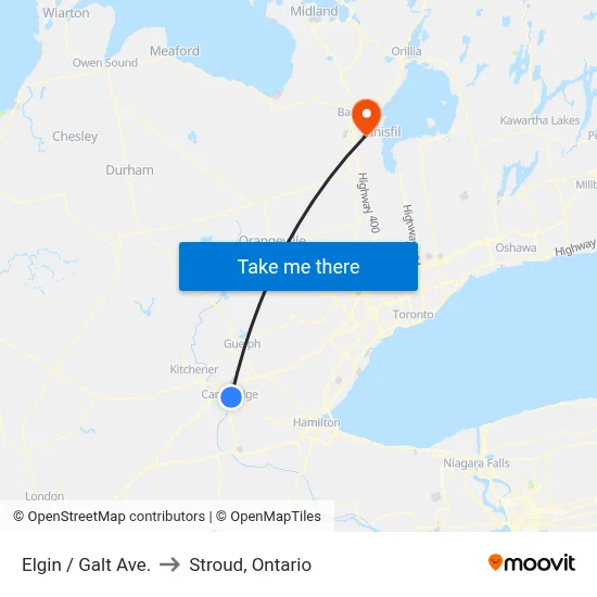 Elgin / Galt Ave. to Stroud, Ontario map