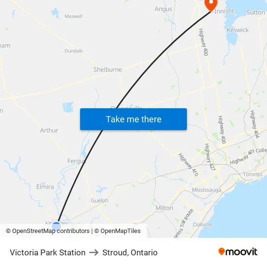 Victoria Park Station to Stroud, Ontario map