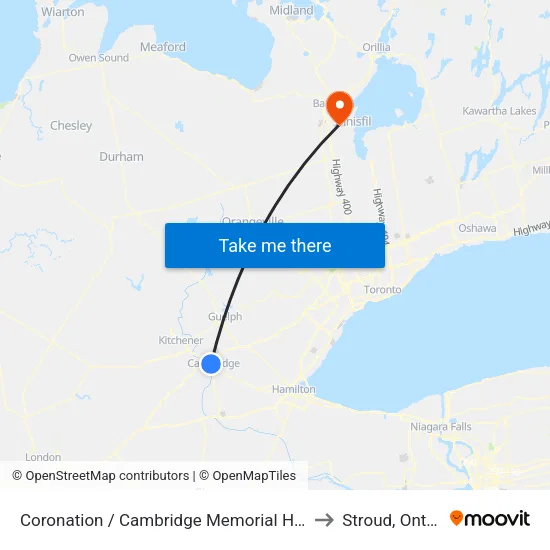 Coronation / Cambridge Memorial Hospital to Stroud, Ontario map
