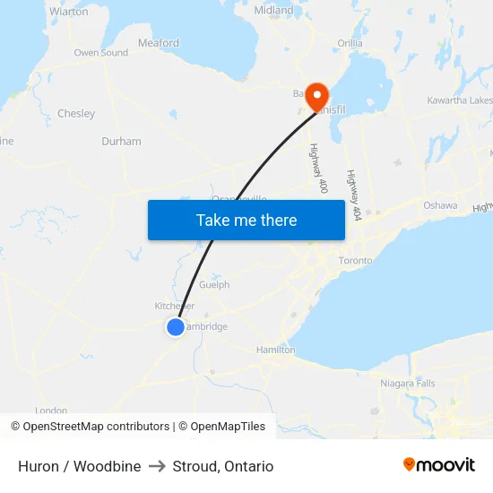 Huron / Woodbine to Stroud, Ontario map