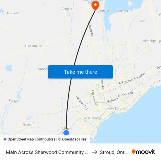 Main Across Sherwood Community Centre to Stroud, Ontario map