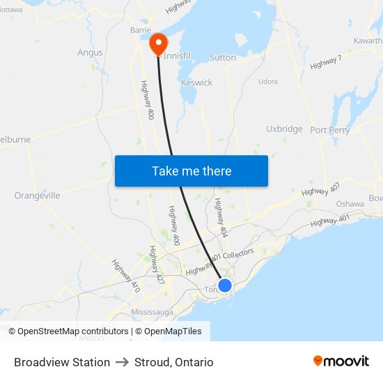 Broadview Station to Stroud, Ontario map