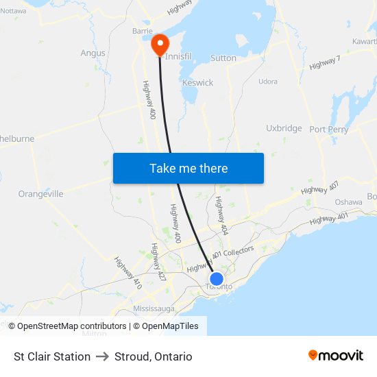 St Clair Station to Stroud, Ontario map