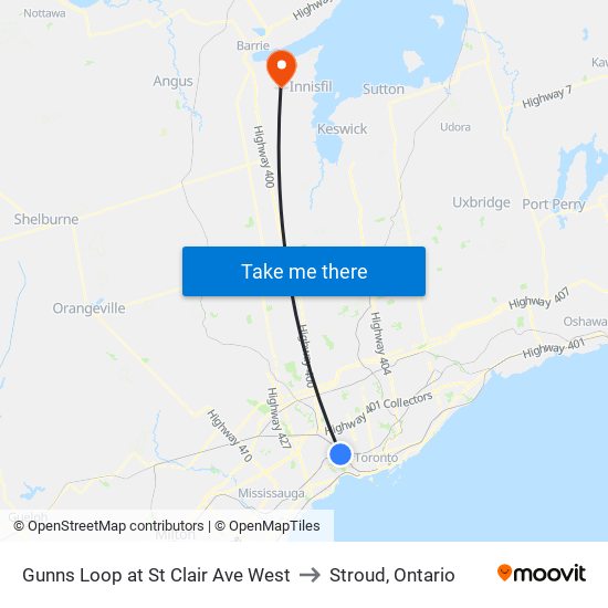 Gunns Loop at St Clair Ave West to Stroud, Ontario map