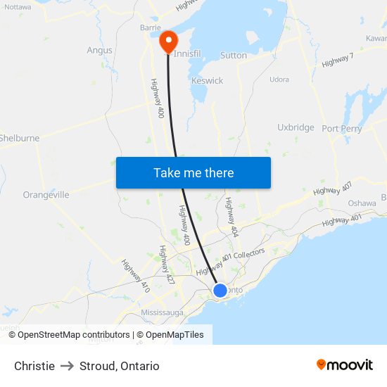 Christie to Stroud, Ontario map