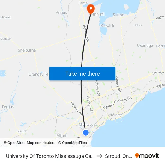 University Of Toronto Mississauga Campus Stop to Stroud, Ontario map