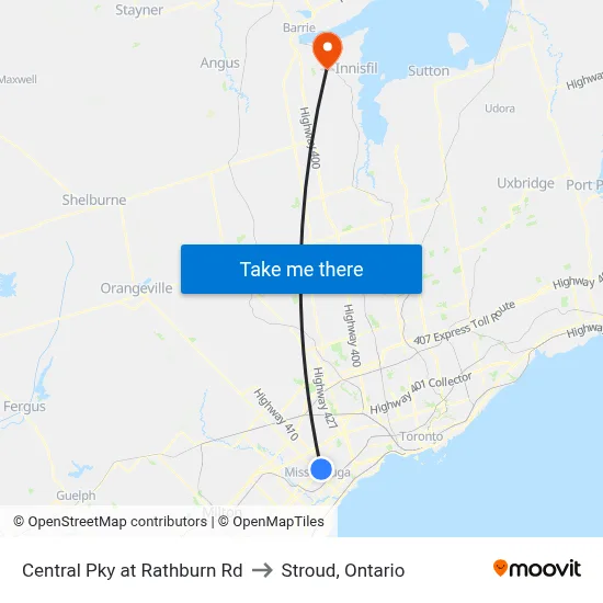 Central Pky at Rathburn Rd to Stroud, Ontario map