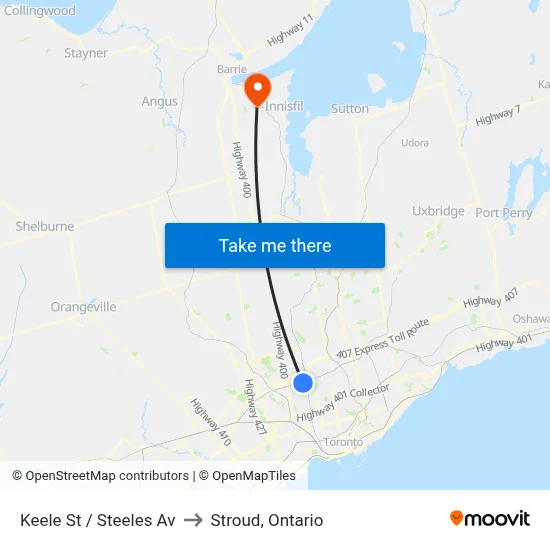 Keele St / Steeles Av to Stroud, Ontario map