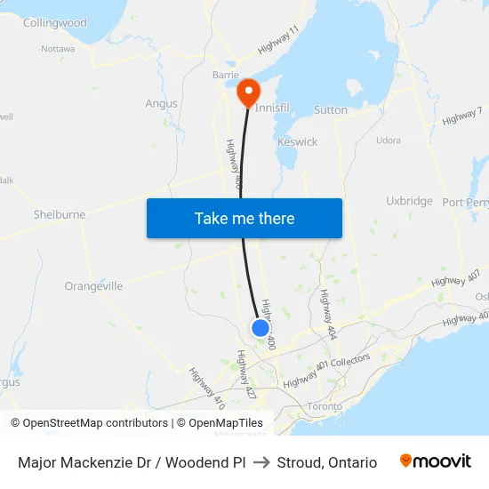 Major Mackenzie Dr / Woodend Pl to Stroud, Ontario map