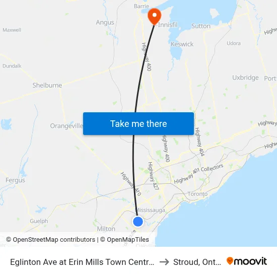 Eglinton Ave at Erin Mills Town Centre South to Stroud, Ontario map