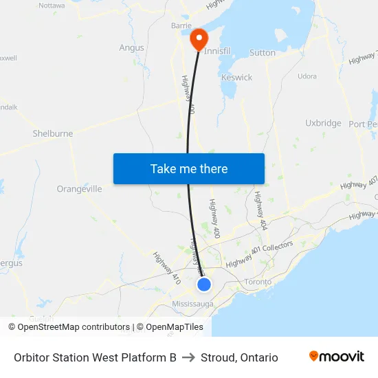 Orbitor Station West Platform B to Stroud, Ontario map