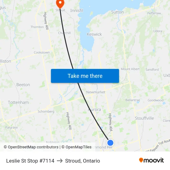 Leslie St Stop #7114 to Stroud, Ontario map