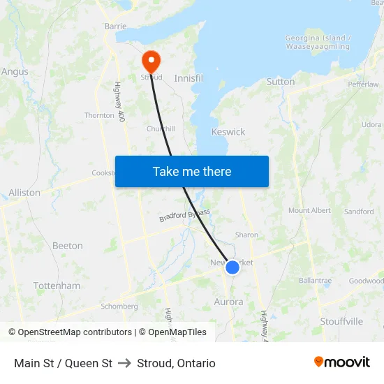 Main St / Queen St to Stroud, Ontario map
