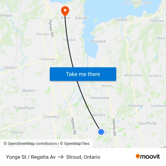 Yonge St / Regatta Av to Stroud, Ontario map