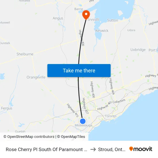 Rose Cherry Pl South Of Paramount Centre to Stroud, Ontario map