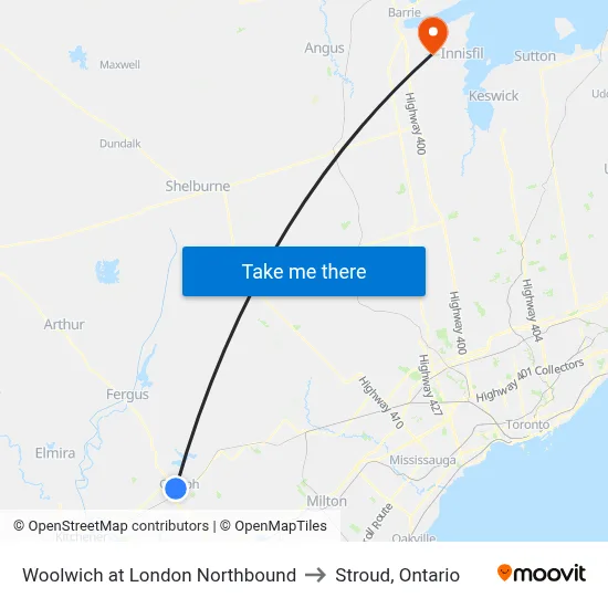 Woolwich at London Northbound to Stroud, Ontario map
