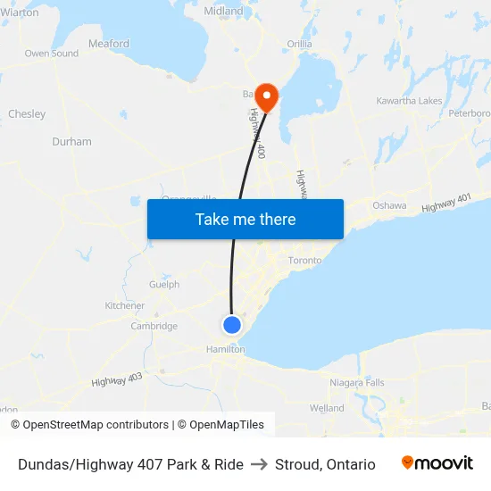 Dundas/Highway 407 Park & Ride to Stroud, Ontario map