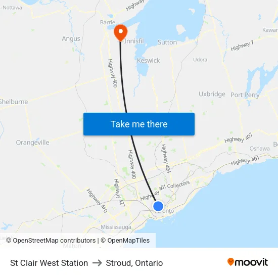 St Clair West Station to Stroud, Ontario map