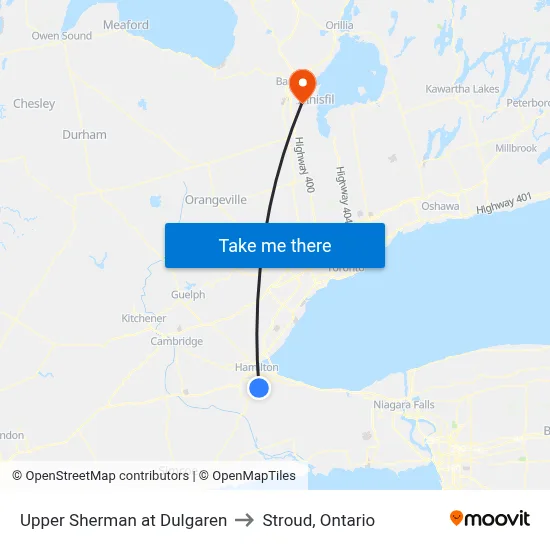 Upper Sherman at Dulgaren to Stroud, Ontario map