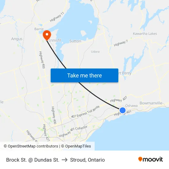 Brock St. @ Dundas St. to Stroud, Ontario map