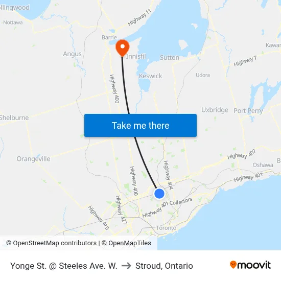 Yonge St. @ Steeles Ave. W. to Stroud, Ontario map