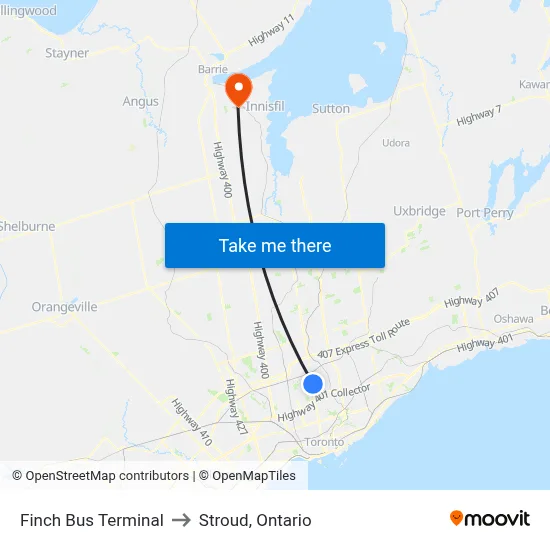 Finch Bus Terminal to Stroud, Ontario map