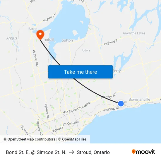 Bond St. E. @ Simcoe St. N. to Stroud, Ontario map