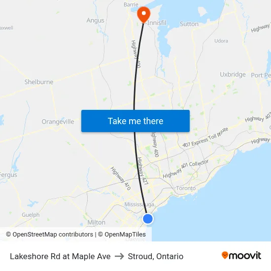 Lakeshore Rd at Maple Ave to Stroud, Ontario map