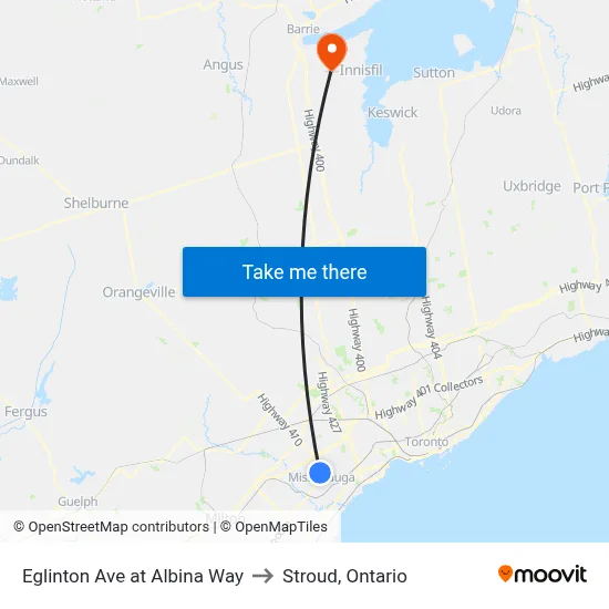Eglinton Ave at Albina Way to Stroud, Ontario map