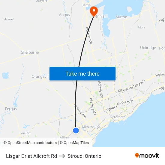 Lisgar Dr at Allcroft Rd to Stroud, Ontario map