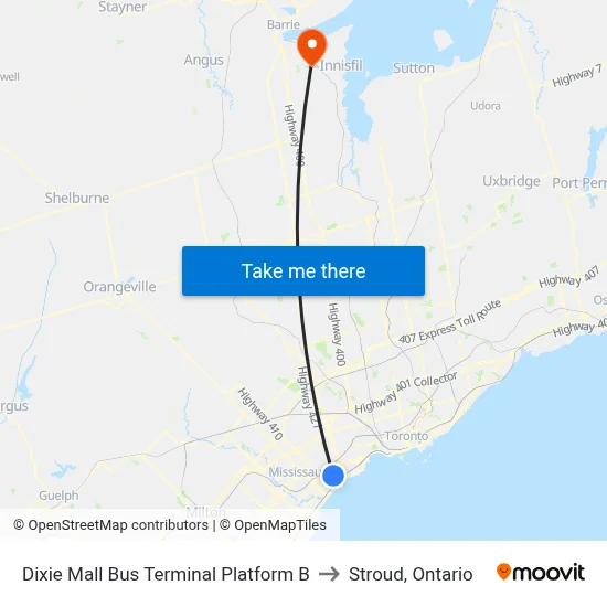 Dixie Mall Bus Terminal Platform B to Stroud, Ontario map