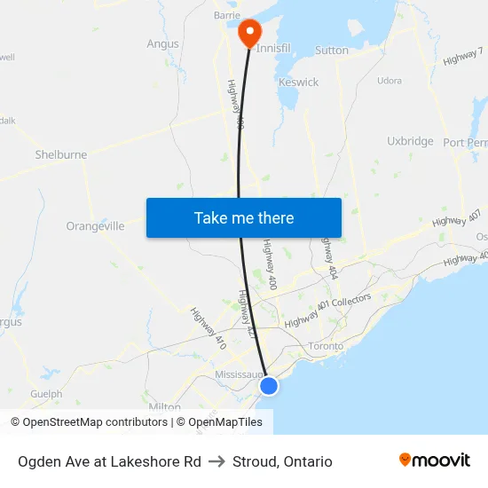 Ogden Ave at Lakeshore Rd to Stroud, Ontario map
