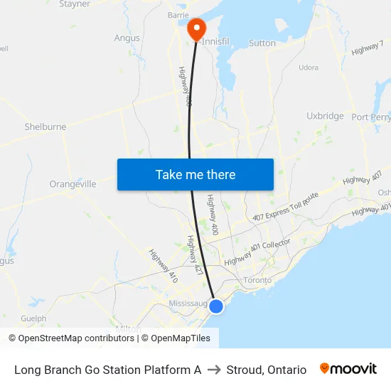 Long Branch Go Station Platform A to Stroud, Ontario map